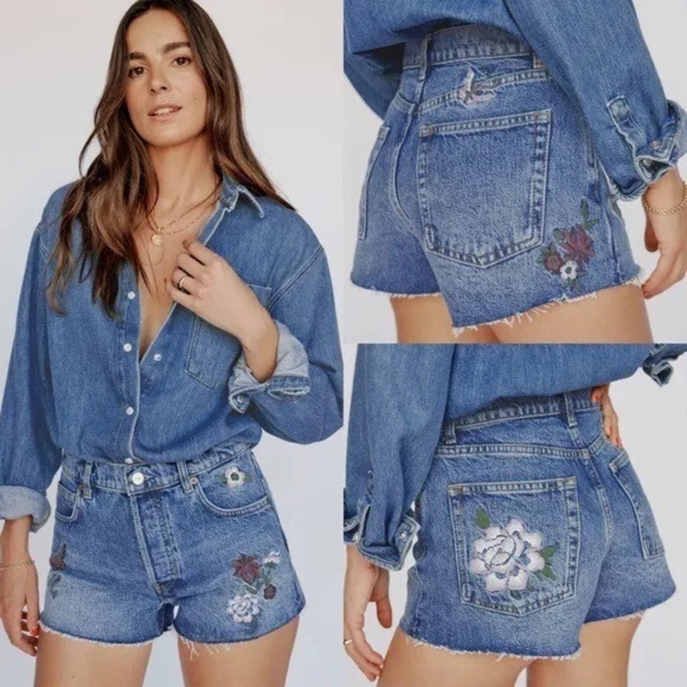 NWT Reformation Charlie High Rise Jean Short with Floral/Fauna Embroidery